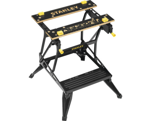 Banc de lucru Stanley cu cadru negru și elemente galbene.