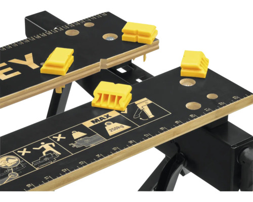 Banc de lucru cu cleme de fixare și capacitate maximă de încărcare de 250 de kilograme.