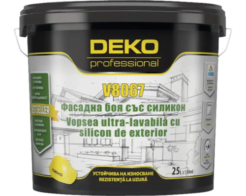 Vopsea ultralavabilă de exterior cu silicon DEKO V8067 albă 25 l Găleată de vopsea de fațadă cu silicon, 25 litri