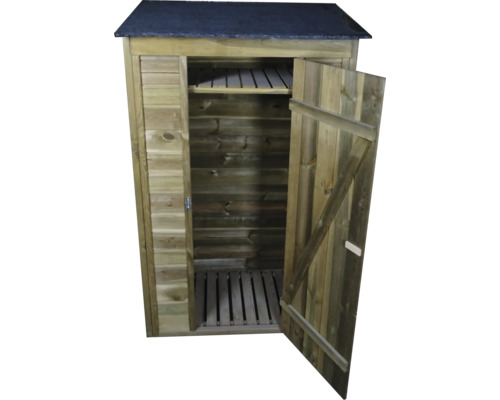 Dulap de grădină din lemn cu ușă deschisă și rafturi