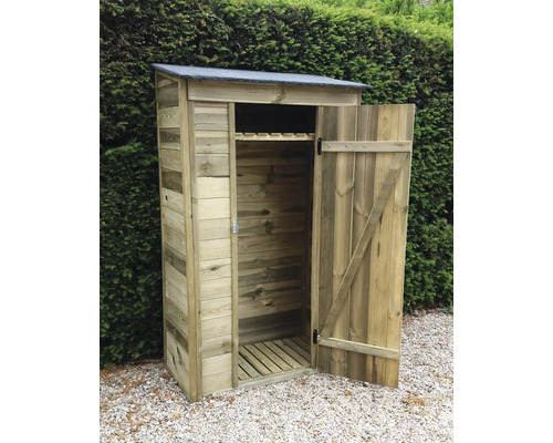 Dulap de grădină din lemn cu ușă deschisă și raft