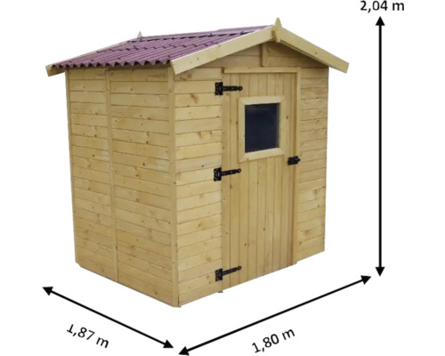 Magazie de grădină din lemn cu fereastră și dimensiunile de 1,87 metri pe 1,80 metri pe 2,04 metri.