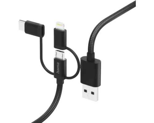 Cablu de date 3 în 1 Hama, USB-A->micro USB USB-C & Lightning 1,5mm negru