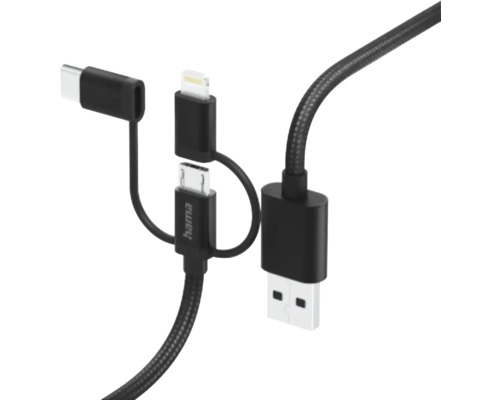Cablu de date 3 în 1 Hama, USB-A->micro USB USB-C & Lightning 1,5mm negru Cablu de încărcare multiplu cu conexiune USB-A, USB-C, Micro-USB și Lightning