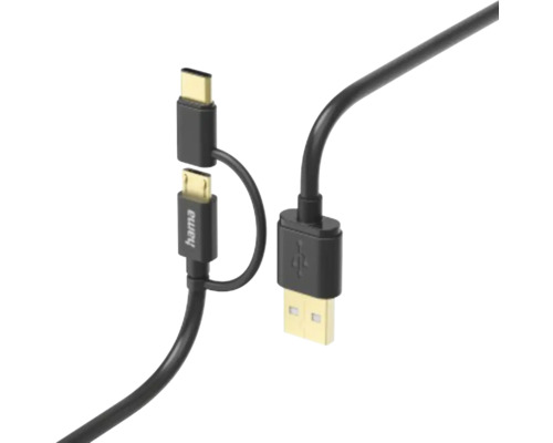 Cablu de date 2 în 1 Hama, USB-A-> micro USB & USB C 1 m negru