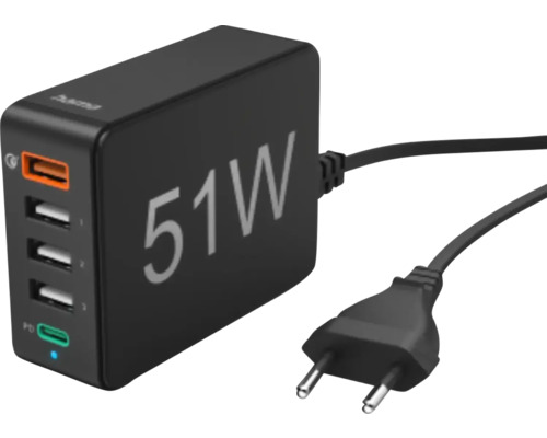 Încărcător rețea multiport Hama 51W 3xUSB-A & 1xUSB-C quick charge, negru Alimentator negru de 51 wați cu mai multe porturi USB și ștecher
