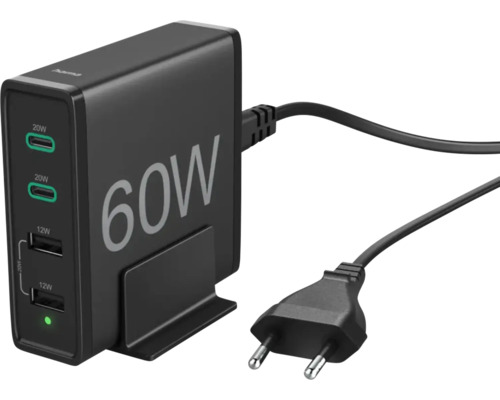 Încărcător rețea multiport Hama 60W 2xUSB-A & 2xUSB-C quick charge, negru Alimentator Hama cu o putere de 60 de wați și mai mulți conectori