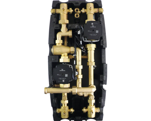 Distribuitor circuit de încălzire cu pompă și racorduri din alamă în izolație neagră