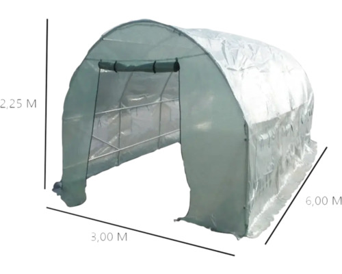 Seră cu dimensiunile de 2,25 metri înălțime, 3 metri lățime și 6 metri lungime.