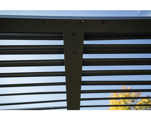 Prim-plan al unei pergole cu acoperiș lamelar