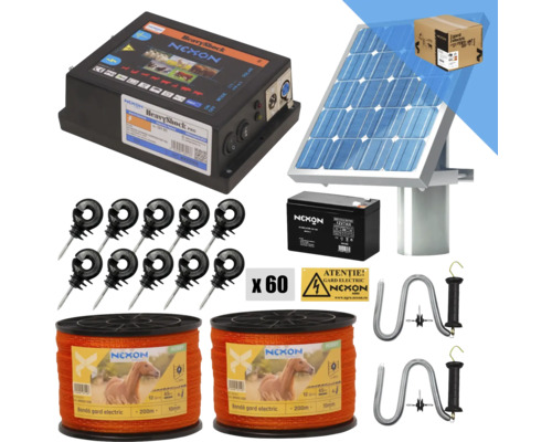 Pachet gard electric NEXON HeavyShock PRO 2.5J 12V + Solar, Bandă 400 m 65 kg Set complet gard electric Nexon cu aparat pentru gard electric, modul solar, baterie și accesorii