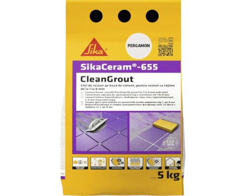 Chit pentru rosturi Sika Ceram Clean Grout 655 pergamon 5 kg Sac de mortar pentru rosturi Sika Ceram 655 CleanGrout, adecvat pentru rosturi cu lățimea de 1 până la 8 milimetri