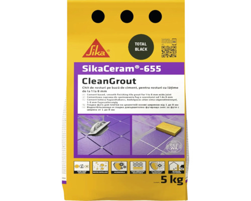 Chit pentru rosturi Sika Ceram Clean Grout 655 total black 5 kg Sika Ceram 655 CleanGrout chit de rosturi pe bază de ciment, pentru rosturi cu lățime de la 1 la 8 milimetri, sac de 5 kilograme