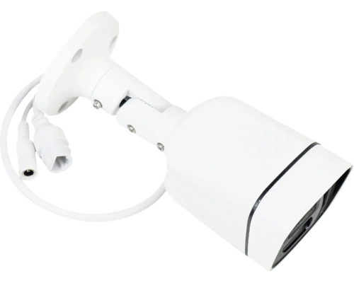 Cameră de supraveghere albă cu cablu și suport