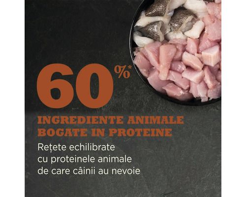 60% ingrediente de origine animală cu proteine