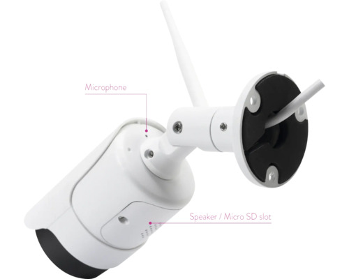 Cameră de supraveghere cu microfon, difuzor și slot pentru card micro SD.
