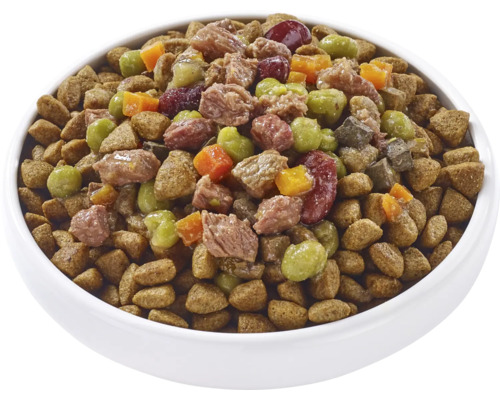 Hrană pentru câini cu carne și legume într-un bol.
