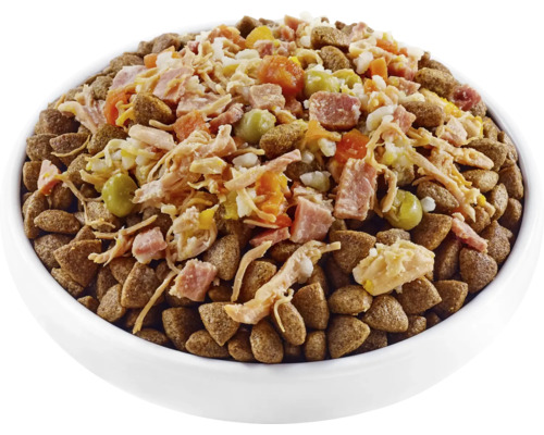 Hrană pentru câini cu legume și carne într-un castron