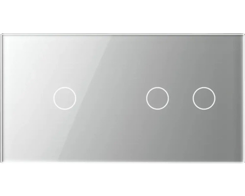 Panou din sticlă Livolo argintiu, pentru 1 x întrerupător dublu cu touch și 1 x întrerupător simplu cu touch