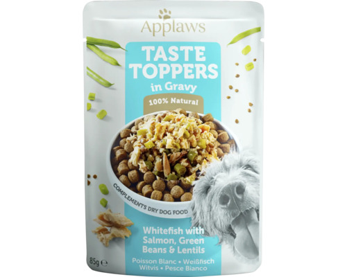 Hrană umedă pentru câini Applaws Taste Toppers Adult cu pește alb, somon și legume în sos fără cereale 85 g