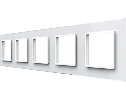 Cinci întrerupătoare albe, pătrate, pe o placă gri.