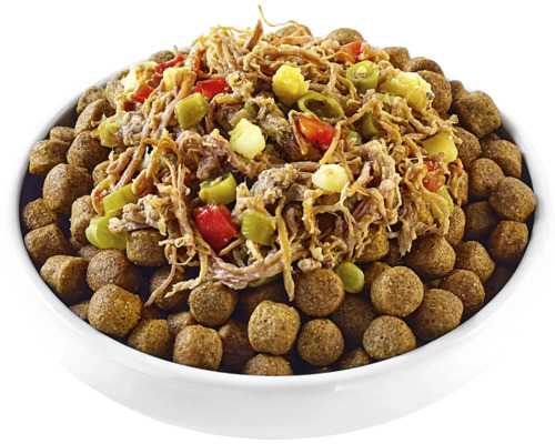 Mâncare pentru câini cu carne și legume într-un bol alb