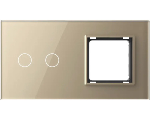 Panou din sticlă Livolo auriu, pentru 1 x întrerupător dublu cu touch și 1 x ramă priză simplă