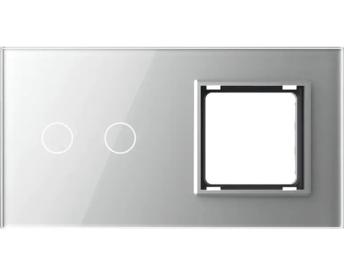 Panou din sticlă Livolo argintiu, pentru 1 x întrerupător dublu cu touch și 1 x ramă priză simplă