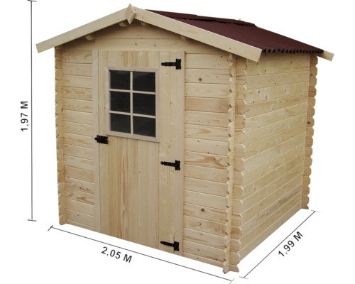 Cabină de grădină din lemn cu ușă și fereastră, dimensiuni 2,05 metri pe 1,99 metri pe 1,97 metri