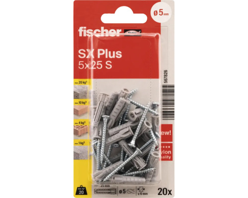 Diblu cu șurub Fischer DuoXpand Ø5x25 mm, 4 buc. Diblu Fischer SX Plus 5 x 25 mm, 20 bucăți, în ambalaj