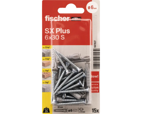 Dibluri plastic cu șurub PZ Fischer SX Plus 6x30mm, 15 buc. Dibluri Fischer SX Plus 6x30 S, set de 15 bucăți