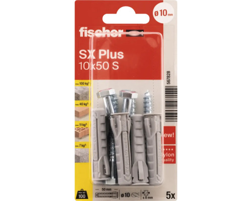 Dibluri plastic cu șurub cap hexagonal Fischer SX Plus 10x50mm, 5 buc. Dibluri plastic cu șurub cap hexagonal Fischer SX Plus 10x50mm, 5 buc.