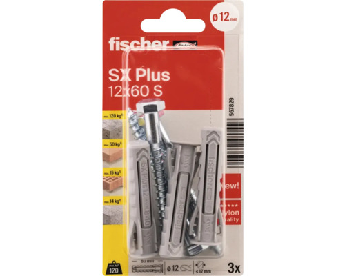 Dibluri plastic cu șurub cap hexagonal Fischer SX Plus 12x60mm, 3 buc. Dibluri plastic cu șurub cap hexagonal Fischer SX Plus 12x60mm, 3 buc.