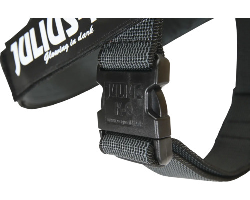 Imagine detaliată a unui ham pentru câini cu logo-ul JULIUS K-9 pe închizătoare