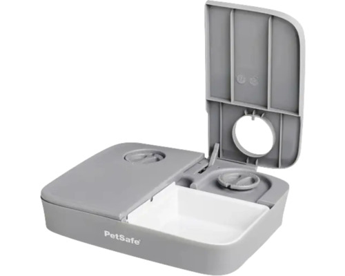 Distribuitor automat de hrană PetSafe gri cu două compartimente și capac deschis