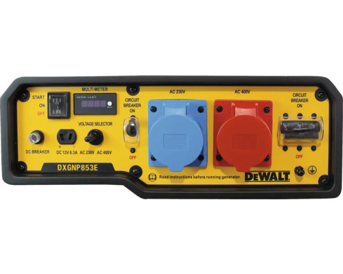 Panoul de control al generatorului DeWalt DXGNP853E cu multimetru, regulator de tensiune și prize