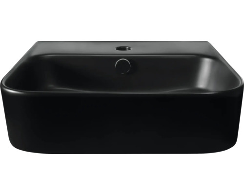 Lavoar ceramic negru, deasupra blatului, cu formă dreptunghiulară