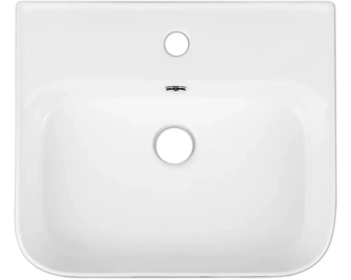 Vedere de sus a unei chiuvete ceramice albe cu orificiu pentru robinet și preaplin