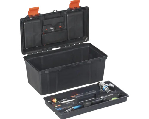 Cutie de pescuit neagră deschisă cu accesorii de pescuit