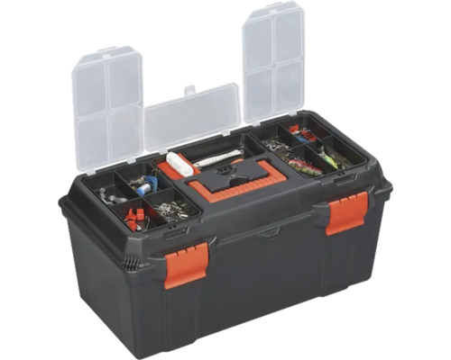 Cutie de pescuit deschisă din plastic cu mâner și compartimente pentru accesorii