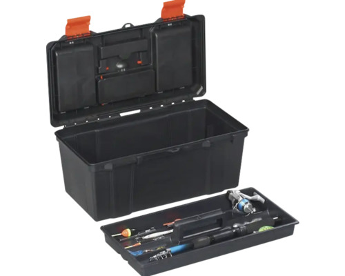 Cutie de pescuit neagră deschisă cu închizători portocalii și accesorii de pescuit