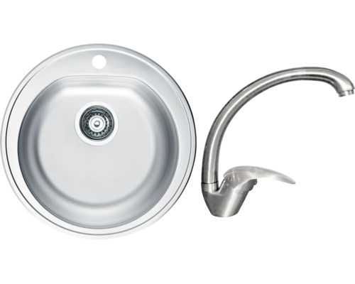 Pachet chiuvetă bucătărie inox 1 cuvă ALVEUS Form 30 Leinen 51x51 cm fără picurător Chiuvetă rotundă din oțel inoxidabil cu baterie asortată