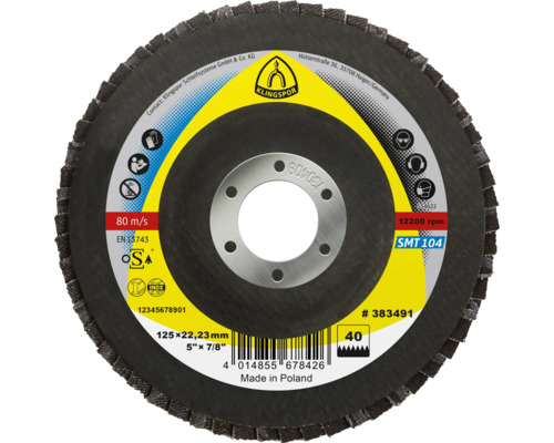 Disc lameral frotal Klingspor SMT 104 Ø125x22,23 mm granulație 40, pentru metal Disc abraziv cu lamele Klingspor 125x22,23 mm
