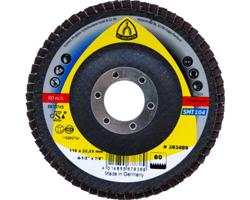 Disc lameral frotal Klingspor SMT 104 Ø125x22,23 mm granulație 60, pentru metal Disc abraziv cu lamele Klingspor, granulație 60, diametru 115 milimetri