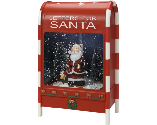 Glob decorativ cu zăpadă în formă de cutie poștală cu figurină Moș Crăciun