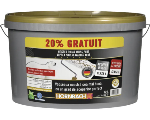 Vopsea lavabilă Meister Polar Weiss Plus fără conservanți 12 l Găleată vopsea de interior Polar Weiss Plus cu un conținut de 12 litri