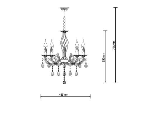 Desen tehnic al unui candelabru cu dimensiunile de 485 mm lățime și 785 mm înălțime
