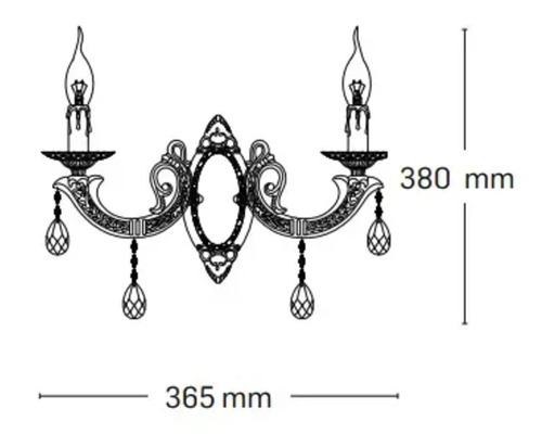 Schiță a unei lămpi de perete cu două brațe, înaltă de 380 mm și lată de 365 mm