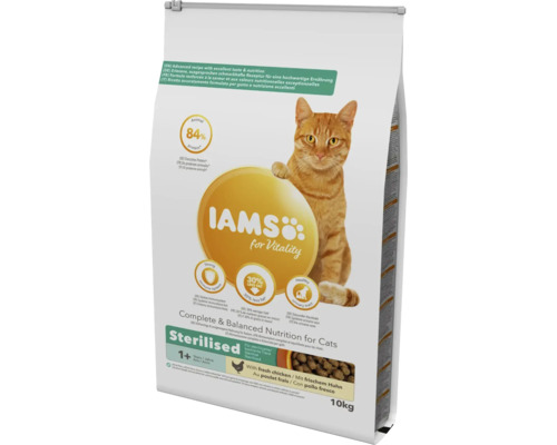 Hrană uscată pentru pisici IAMS Vitality Adult Sterilized cu pui 10 kg