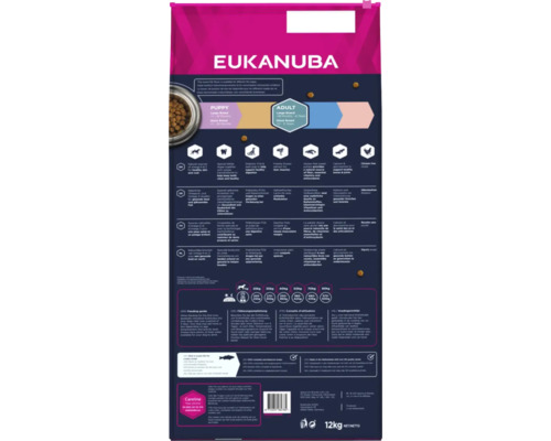 Hrană uscată pentru câini Eukanuba pentru căței și câini adulți de rase mari, ambalaj de 12 kilograme